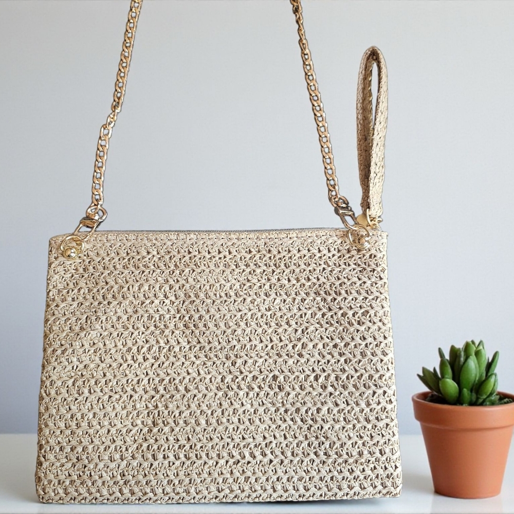 Dior Beige Woven Cosmetic Pouch with Crossbody Gold Chain NEW GWP - Picture 4 of 9